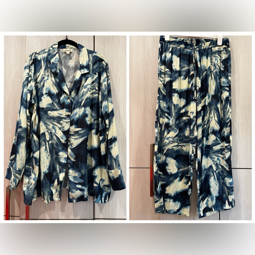 Open Edit Tie Dye Pajama Set Button Down Top & Wide Leg Pants Blue Cream Large